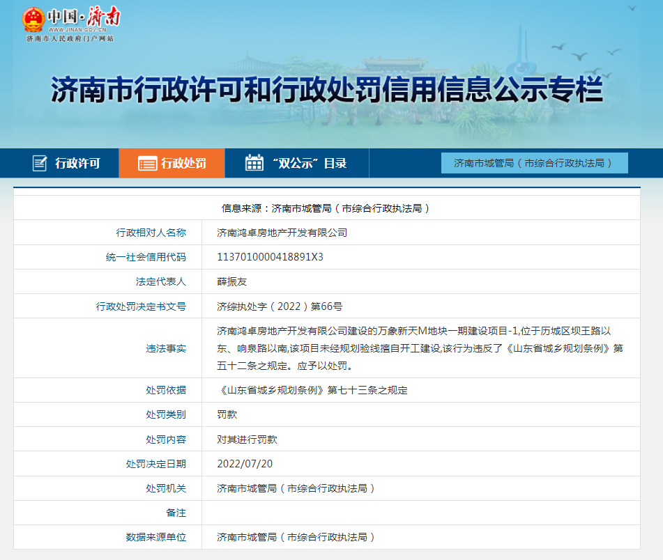 济南万象新天项目未取得规划验线确认书擅自开工建设 开发商同天连收4张罚单