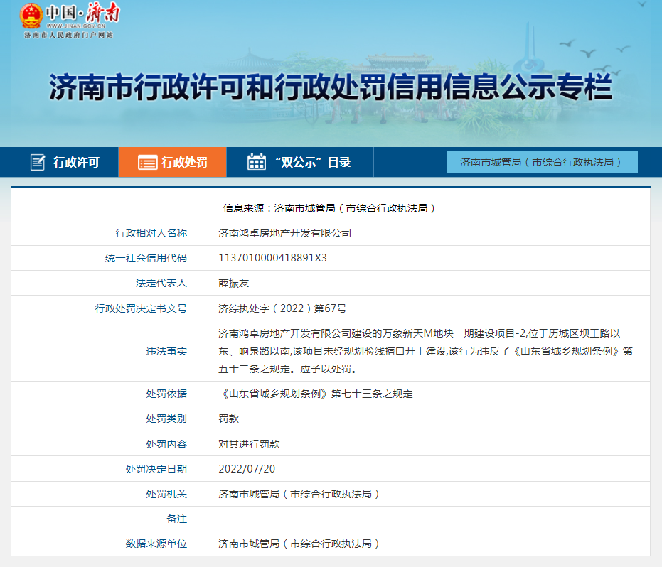 济南万象新天项目未取得规划验线确认书擅自开工建设 开发商同天连收4张罚单